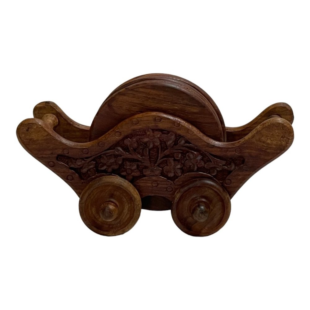 Vintage Hand Carved Round Wooden Drink Coasters with Rolling Coaster Caddy